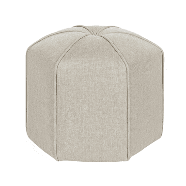 An upholstered hexagonal ottoman featuring a light beige fabric finish. The top surface has radiating seam lines, creating a geometric pattern, which extends down the faceted sides of the piece. It sits directly on the floor with no visible legs, providing a solid, stable form. — 3D model (AI enhanced source)