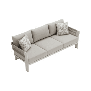 A modern three-seater outdoor sofa featuring a light-colored aluminum frame, light gray seat and back cushions, and woven taupe rope detailing on the armrests. Two decorative throw pillows with a geometric leaf pattern are included. — 3D model (AI enhanced source)