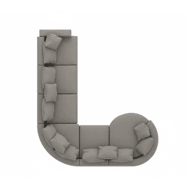 An overhead view of a contemporary modular sectional sofa, configured in an L-shape with both straight and rounded units. The sofa is upholstered in a light grey fabric and features multiple loose seat and back cushions, creating a comfortable and flexible seating arrangement. The design emphasizes modularity and soft, inviting forms. — 3D model (AI enhanced source)