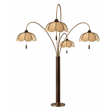 A multi-head floor lamp featuring a dark brown wooden central column, antique brass-finished arched arms, and four scalloped fabric shades with decorative tassels. — 3D model (AI enhanced source)