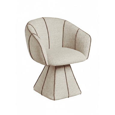 A modern armchair with a sculptural, pedestal base. The chair features a rounded seat and backrest, upholstered in a textured, light-colored fabric. Distinctive piping in a darker shade accentuates the seams of the upholstery, creating a segmented, fan-like pattern on the backrest and a geometric, truncated pyramid shape for the base. — 3D model (AI enhanced source)