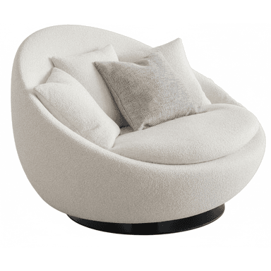 A contemporary lounge chair with a deep, circular form, upholstered in a cream bouclé fabric, set on a dark circular swivel base. It includes several throw pillows for added comfort. — 3D model (AI enhanced source)