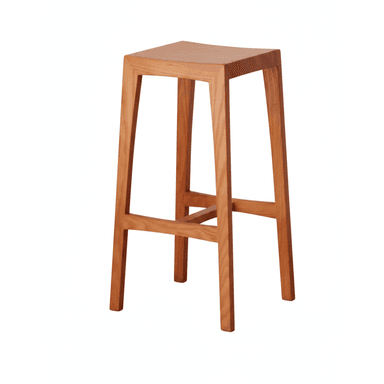 A tall, solid wood bar stool featuring a square seat and four outwardly splayed, tapered legs. The stool includes integrated stretchers on all sides that serve as footrests. The wood has a natural, light brown finish, highlighting its grain. The design is minimalist and contemporary. — 3D model (AI enhanced source)