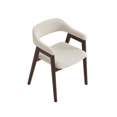 A modern armchair featuring a dark wood frame and cream-colored textured upholstery. The chair has a curved backrest that seamlessly transitions into integrated armrests. The four legs are slender and tapered, made from the same dark wood as the frame. The seat and back are fully upholstered, providing a comfortable and contemporary look. — 3D model (AI enhanced source)