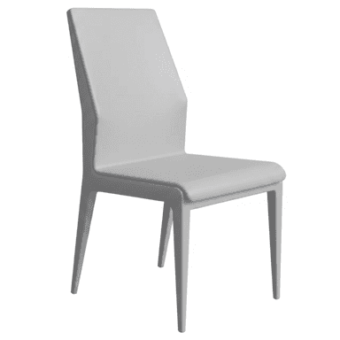 A modern, minimalist dining chair featuring a single-piece molded construction in a light gray finish. The chair has an upright, slightly tapered backrest and a subtly curved seat, supported by four slender, tapered legs. — 3D model (AI enhanced source)