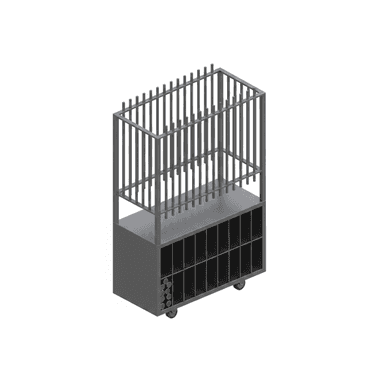 The image displays an isometric view of a modular, industrial-style storage unit. It is presented as a render on a white background. The unit features a dark gray, metal construction, resting on four small casters, indicating mobility. The top section consists of an open frame with multiple vertical rods, likely designed for hanging garments. Below this, there is a solid shelf. The lower section comprises a series of open cubbyholes, arranged in two rows of six, totaling twelve compartments, suitable for shoes or other small personal items. On one side of the lower section, there are several circular openings, suggesting additional specialized storage, perhaps for rolled items or specific equipment. The overall design emphasizes utilitarianism and robust construction. — 3D model (AI enhanced source)