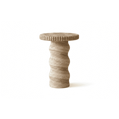 A sculptural pedestal table crafted from travertine. It features a circular top with a fluted edge and a wavy, organic-shaped central base, showcasing the natural variations and textures of the stone. — 3D model (AI enhanced source)