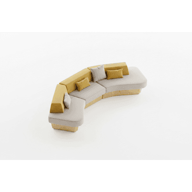 A modular sectional sofa with a curved design. It features upholstered seating and backrests in a light grey fabric, with contrasting yellow accent cushions and modular backrest units. The base structure appears to be made of wood with a natural finish. — 3D model (AI enhanced source)