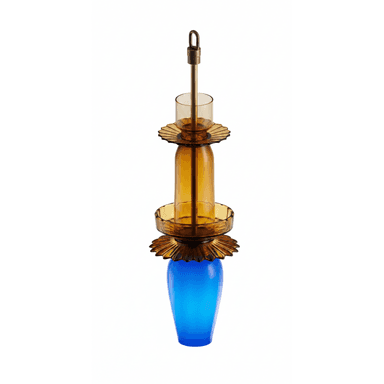 A visually striking pendant light featuring multiple stacked glass elements in amber and blue, accented with brass. The design incorporates fluted glass details and a central brass stem for suspension. — 3D model (AI enhanced source)
