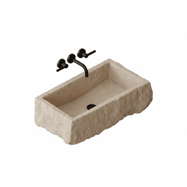 A rectangular stone vessel sink with a rough, natural exterior and a smooth interior. It features a black wall-mounted faucet with two handles and a spout, and a black drain cover within the basin. — 3D model (AI enhanced source)