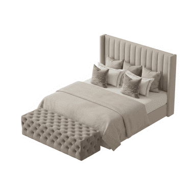 An upholstered bed featuring a tall, winged headboard with vertical channel tufting, paired with a matching upholstered frame. The bed is adorned with several decorative pillows and a duvet. Positioned at the foot of the bed is a rectangular, deeply tufted upholstered bench, presenting a cohesive and luxurious bedroom ensemble. — 3D model (AI enhanced source)