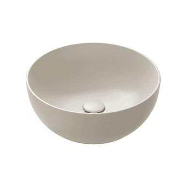 A modern circular vessel sink in a matte light greige finish, featuring gently sloped interior walls and a color-matched, integrated pop-up drain at its center. — 3D model (AI enhanced source)