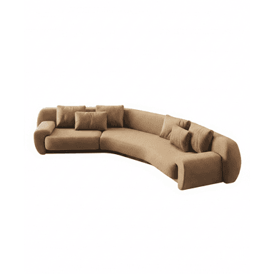 A modern, large, curved sectional sofa upholstered in a light brown, textured fabric. It features a continuous, low-profile back and arms that are integrated into the overall curvilinear design. The sofa is complemented by several loose back cushions in the same fabric. — 3D model (AI enhanced source)
