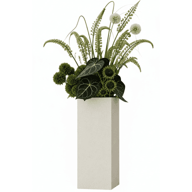 A tall, rectangular light grey concrete or composite planter holding a dense arrangement of mixed artificial greenery, featuring various textures from spiky plumes to spherical clusters and broad leaves. — 3D model (AI enhanced source)