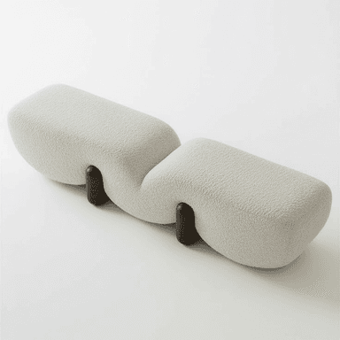 A modern, sculptural bench featuring a wavy, organic form, upholstered in light-colored boucle fabric, and supported by dark cylindrical wooden legs. — 3D model (AI enhanced source)