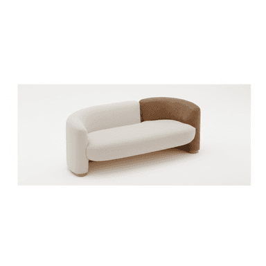 A contemporary two-seater loveseat featuring a distinctive bi-color design with rounded forms. One section is upholstered in an off-white boucle fabric, while the other section is in a contrasting brown leather or suede-like material. The backrest and arms are integrated into a continuous, curved silhouette, and the piece is supported by short, rounded wooden feet. — 3D model (AI enhanced source)