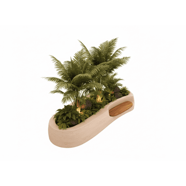 A modern, large-scale planter unit with an integrated wooden bench seat and internal accent lighting, filled with tropical plants and decorative rocks. — 3D model (AI enhanced source)