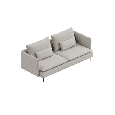 A contemporary two-seater sofa or loveseat upholstered in a light gray textured fabric, featuring clean lines, low and wide armrests, loose seat and back cushions, and slender black metal legs. — 3D model (AI enhanced source)