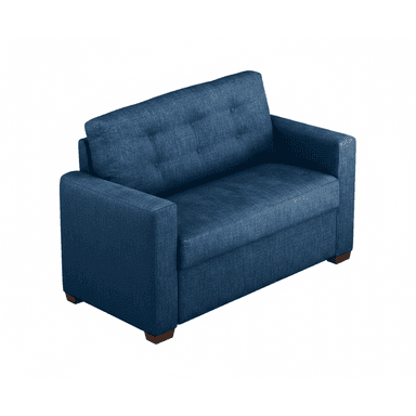 A blue fabric loveseat with button tufting on the backrest, track arms, and short wooden block feet. — 3D model (AI enhanced source)