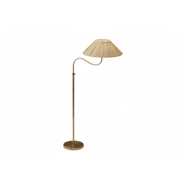 A brass-finished swing-arm floor lamp featuring a circular base, a slender vertical stem, and an articulated arm that supports a conical, pleated fabric lampshade. The lamp appears to be in new or excellent condition. — 3D model (AI enhanced source)