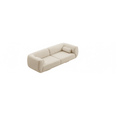A modern, two-seater sofa with rounded edges and a low profile. The sofa features a single seat cushion divided into two sections, and a removable cylindrical bolster pillow. The upholstery appears to be a textured fabric. — 3D model (AI enhanced source)