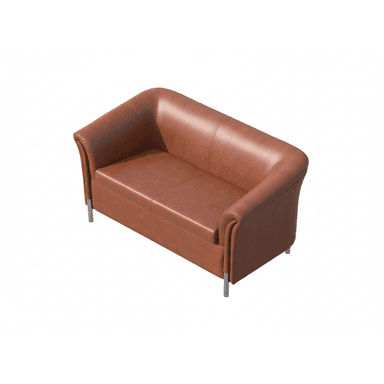 A two-seater sofa upholstered in brown leather. It features a curved back and armrests, with subtle vertical stitching details on the sides of the armrests. The sofa is supported by four slender, cylindrical metal legs. — 3D model (AI enhanced source)