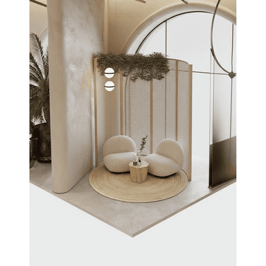 Two armchairs with rounded, organic shapes and plush upholstery are placed on a circular woven rug. A small, irregularly shaped wooden table sits between them. The chairs have a low profile and appear to be designed for comfort and relaxation. They are set within a distinct zone created by a woven screen and architectural elements. — 3D model (AI enhanced source)