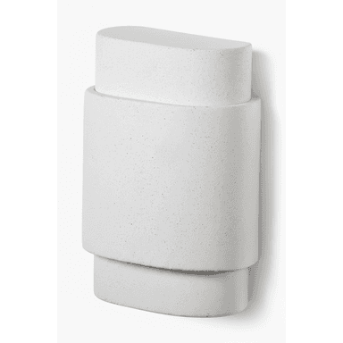 A minimalist wall-mounted lighting fixture, likely a sconce, featuring a stacked oval design. The object appears to be made from concrete or a similar textured, light-grey composite material. It consists of a larger central oval section, flanked by a slightly smaller, shallower oval section at the top and bottom, creating a layered, three-dimensional effect. The surfaces are uniformly textured with a speckled, raw concrete finish. The design suggests an upward and/or downward light projection, characteristic of modern architectural lighting. — 3D model (AI enhanced source)