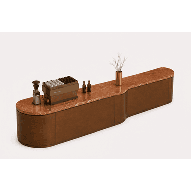 A long, curved counter with a marble top and a dark wood base. The counter has a smooth, polished finish. On the top surface, there are a coffee grinder, a container with coffee pods, two bottles, and a vase with dry branches. — 3D model (AI enhanced source)