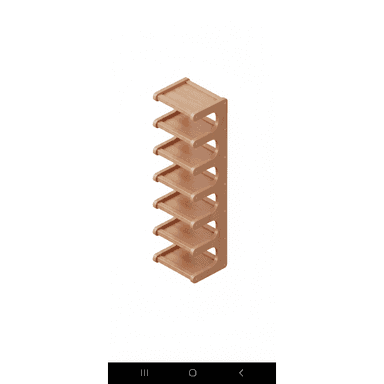 A tall, narrow, multi-tier shelving unit made of light-toned wood, featuring seven slanted shelves designed for storing shoes. The unit has an open-sided, minimalist design. — 3D model (AI enhanced source)