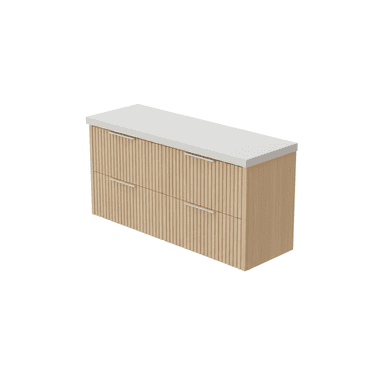 A modern bathroom vanity featuring a light wood-toned base with a distinctive fluted or reeded texture on its two drawer fronts. It is topped with a smooth, light-colored solid surface countertop and includes two minimalist silver-tone bar handles. — 3D model (AI enhanced source)