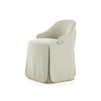 A fully upholstered accent chair featuring a barrel-back design and distinctive scrolled arms. The chair has a light beige or off-white fabric, and its base is covered by a full skirt, obscuring the legs. The overall aesthetic is traditional with refined details. — 3D model (AI enhanced source)