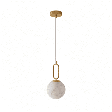 A modern pendant light featuring a brass-finished canopy and frame, supporting a spherical shade with a white marble-like pattern. — 3D model (AI enhanced source)