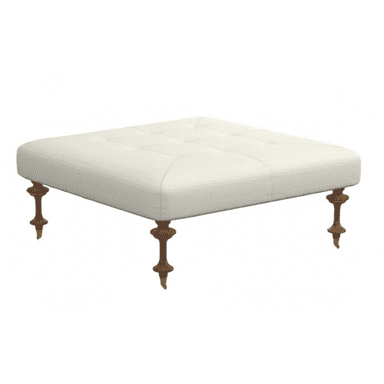 A square, low-profile ottoman featuring off-white upholstered tufting on its top surface. It is supported by four dark turned wooden legs, each tipped with a small brass ferrule. — 3D model (AI enhanced source)