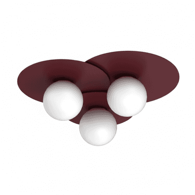 A modern flush mount ceiling light featuring a maroon, three-lobed metal base with three frosted white spherical diffusers. — 3D model (AI enhanced source)