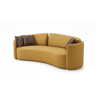 A modern, gracefully curved sofa upholstered in a mustard yellow fabric, featuring integrated armrests and a low-profile design. It is accessorized with two dark brown throw pillows, providing a contrasting accent. — 3D model (AI enhanced source)