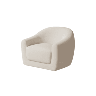 A contemporary, fully upholstered lounge chair in a light, textured boucle fabric, featuring a rounded, sculptural form and a low-profile design. — 3D model (AI enhanced source)
