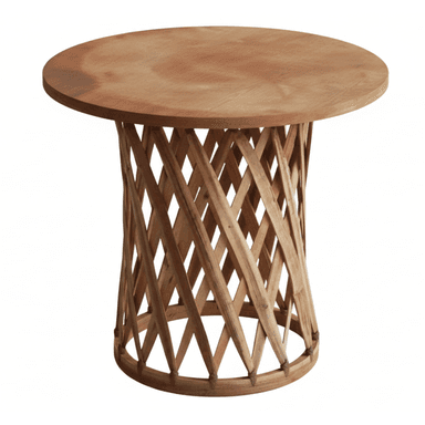 A round side table featuring a solid wood top and a distinctive woven lattice base. The base is constructed from interconnected wooden strips, creating a tapered cylindrical form, with a circular wooden rim at the bottom secured by visible binding. The entire piece has a natural, light brown wood finish, suggesting a rustic or organic aesthetic. — 3D model (AI enhanced source)