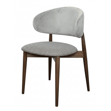 A modern dining chair featuring a curved, fully upholstered backrest in a light gray, velvet-like fabric. The seat cushion is upholstered in a black and white houndstooth pattern fabric. The chair stands on four tapered, dark brown wooden legs. — 3D model (AI enhanced source)