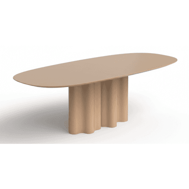 A contemporary oval table with a distinctive fluted pedestal base, presented in a monochromatic matte beige finish. — 3D model (AI enhanced source)