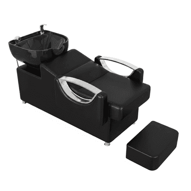 A professional salon shampoo chair with a black upholstered seat and back, an integrated black ceramic shampoo bowl, chrome faucet and sprayer, and a separate, matching black footrest. The chair features curved chrome armrests and a modern, commercial design. — 3D model (AI enhanced source)