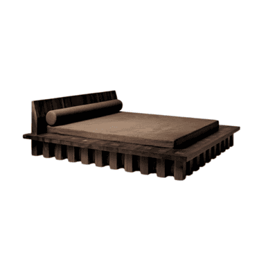 A minimalist daybed featuring a dark-stained solid wood frame with a distinctive slatted or grooved platform base. It includes an integrated vertical backrest panel on one side, accompanied by a long, cylindrical bolster pillow in a light brown fabric. The sleeping surface is covered by a low-profile brown mattress or cushion, sitting directly on the robust wooden platform. — 3D model (AI enhanced source)