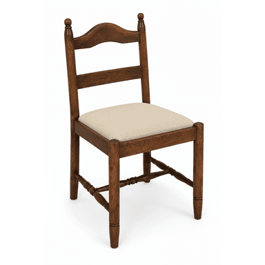 A traditional wooden dining chair featuring a dark brown finish and a light beige upholstered seat. The chair has a shaped top rail, two horizontal back slats, and turned front and rear legs with spherical finials on the back posts. Turned stretchers connect the legs, providing stability. — 3D model (AI enhanced source)