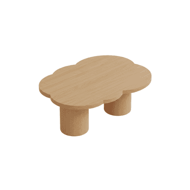 A modern low table featuring a distinctive cloud-shaped wooden tabletop supported by two stout, cylindrical wooden legs. The wood exhibits a light, natural finish with visible grain. The design emphasizes organic forms and minimalist aesthetics. — 3D model (AI enhanced source)