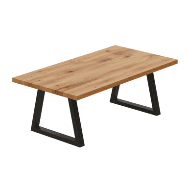 A modern coffee table featuring a rectangular wooden tabletop with natural grain patterns and knots, supported by two black metal trapezoidal bases. — 3D model (AI enhanced source)
