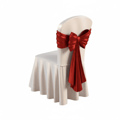 A white chair fully covered with a fitted fabric chair cover, featuring a pleated skirt that reaches the floor. A vibrant red satin sash is tied around the back of the chair, forming a large, elaborate bow with trailing ends. The overall presentation is formal and decorative, typical for event seating. — 3D model (AI enhanced source)