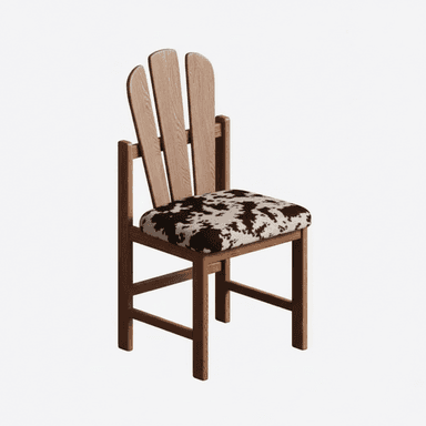 A wooden accent chair with a distinctly carved backrest and a seat upholstered in a black and white cowhide-patterned fabric. The chair has a sturdy wooden frame composed of four legs connected by horizontal supports, and a seat frame supporting the upholstered cushion. The backrest is formed by three vertically oriented, curved wooden slats. — 3D model (AI enhanced source)