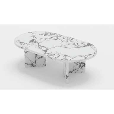 An oval-shaped coffee table with a marble-patterned top and base. The base consists of two block-like supports, one with a single vertical piece and the other with two pieces forming an asymmetrical structure. The surface features a white base with black veining, mimicking natural stone. — 3D model (AI enhanced source)