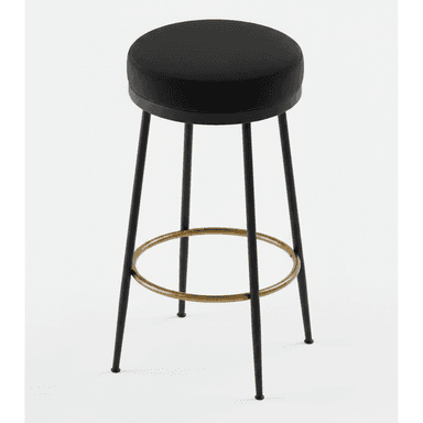 A modern bar stool featuring a round, thickly upholstered black velvet or fabric seat. It stands on four slender, tapered black metal legs, reinforced by a circular brass-finished metal footrest. The design is minimalist and contemporary. — 3D model (AI enhanced source)