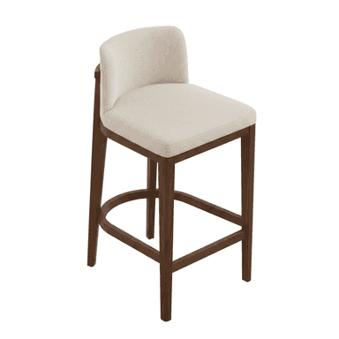 A modern bar stool featuring a sturdy dark brown wooden frame, an upholstered seat, and a low curved backrest. It includes an integrated footrest for comfort. — 3D model (AI enhanced source)
